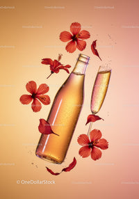 Refreshing Bottle and Glass with Floating Hibiscus Flowers