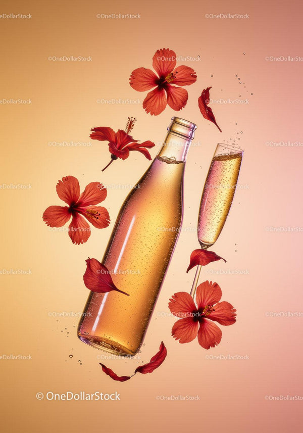Refreshing Bottle and Glass with Floating Hibiscus Flowers