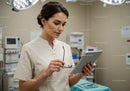 Young Female Nurse Using Tablet in Modern Hospital Room