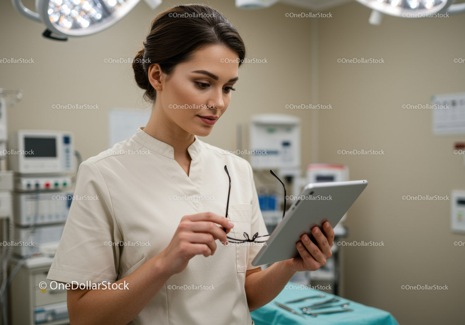 Young Female Nurse Using Tablet in Modern Hospital Room