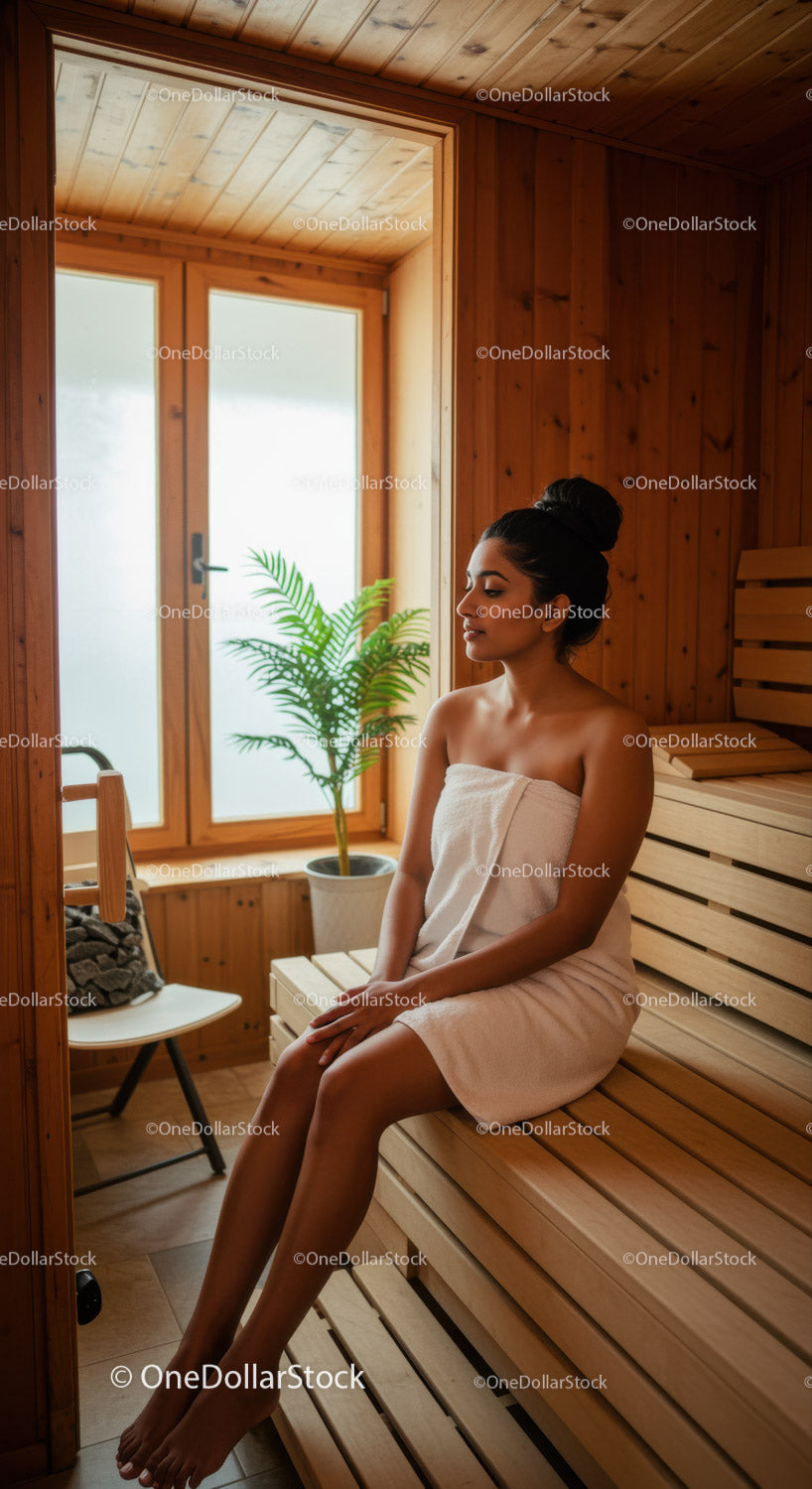 Relaxing Woman Sitting in Wooden Sauna with Green Plant in Background