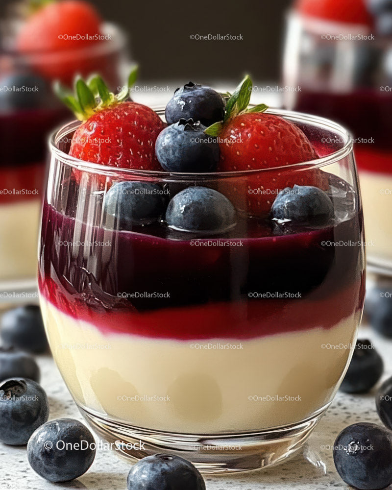Świeża panna cotta jagodowa z borówkami i truskawkami w szklance