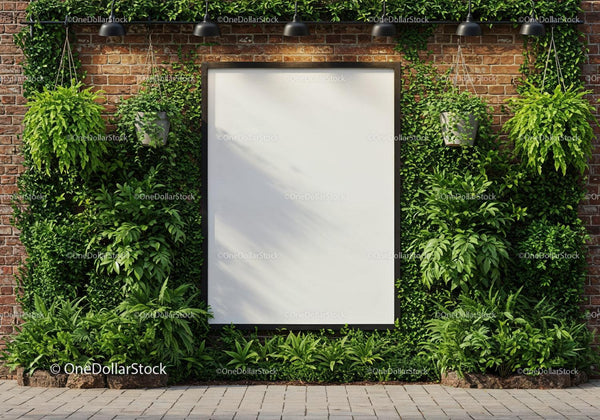 Empty frame on brick wall with lush green plants JPG Mockup Image