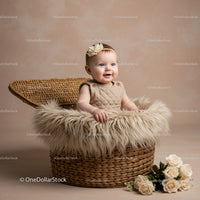 Adorable baby girl sitting in cozy wicker basket with flowers