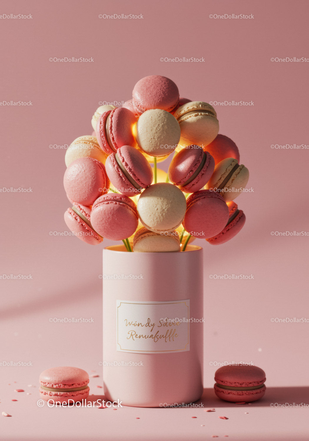 Macaron bouquet in pastel pink vase on soft background