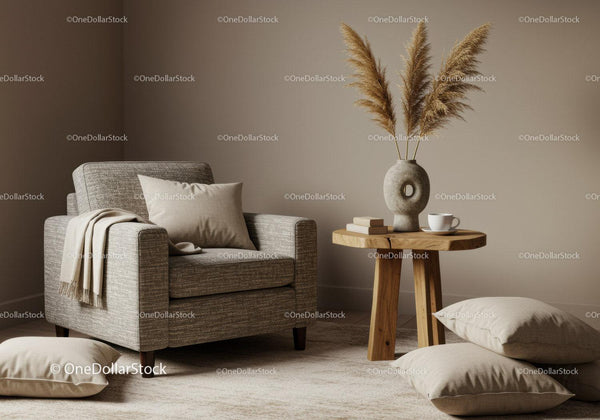 Cozy armchair and natural decor in warm living room