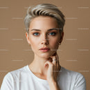 Stylish Short-Haired Woman with Blue Eyes and Natural Makeup