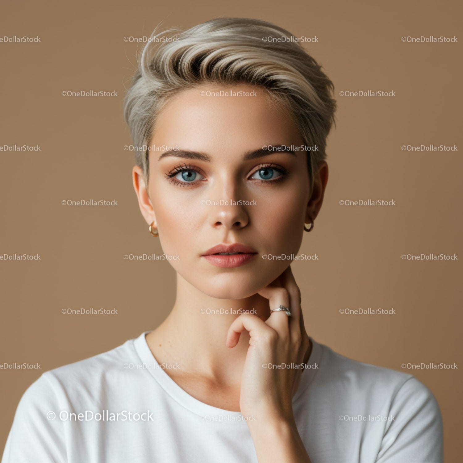 Stylish Short-Haired Woman with Blue Eyes and Natural Makeup