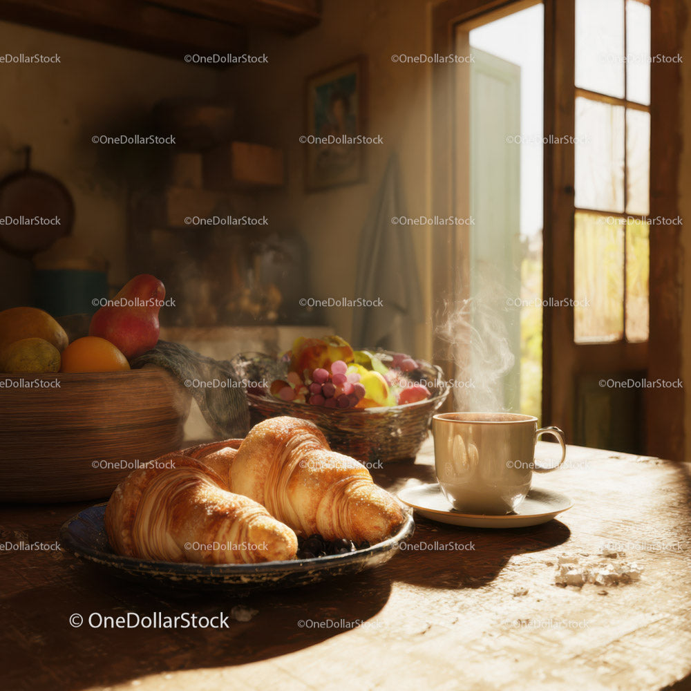 Cozy Breakfast Scene with Croissants and Coffee in Sunlit Kitchen
