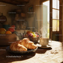Cozy Breakfast Scene with Croissants and Coffee in Sunlit Kitchen