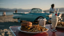 Beachside Sunset with Classic Car and Cheeseburger