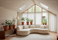 Bright modern living room with curved sofa and plants