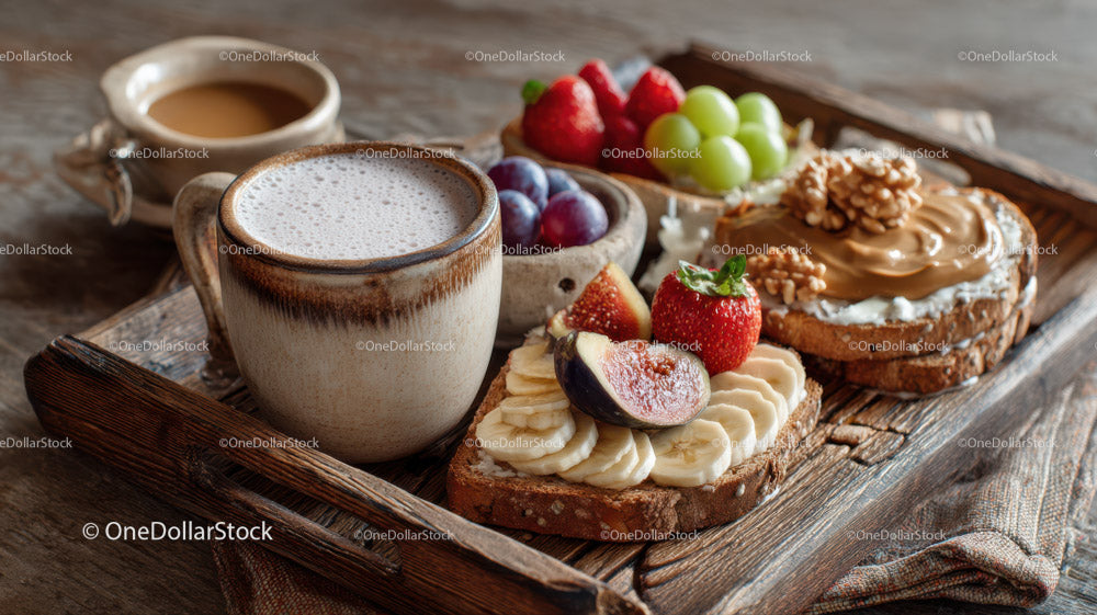 Fresh Fruit Toast and Coffee Breakfast Scene with Strawberries and Grapes