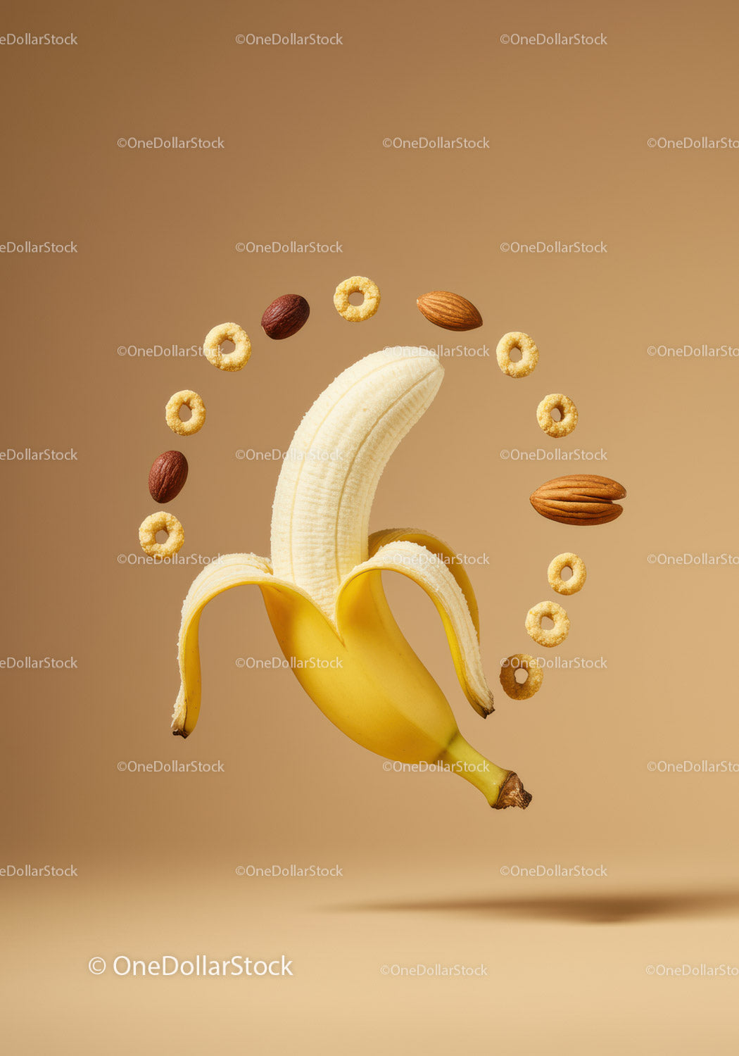 Peeled banana surrounded by nuts and cereal rings
