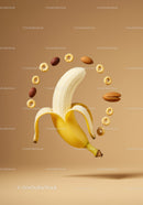 Peeled banana surrounded by nuts and cereal rings