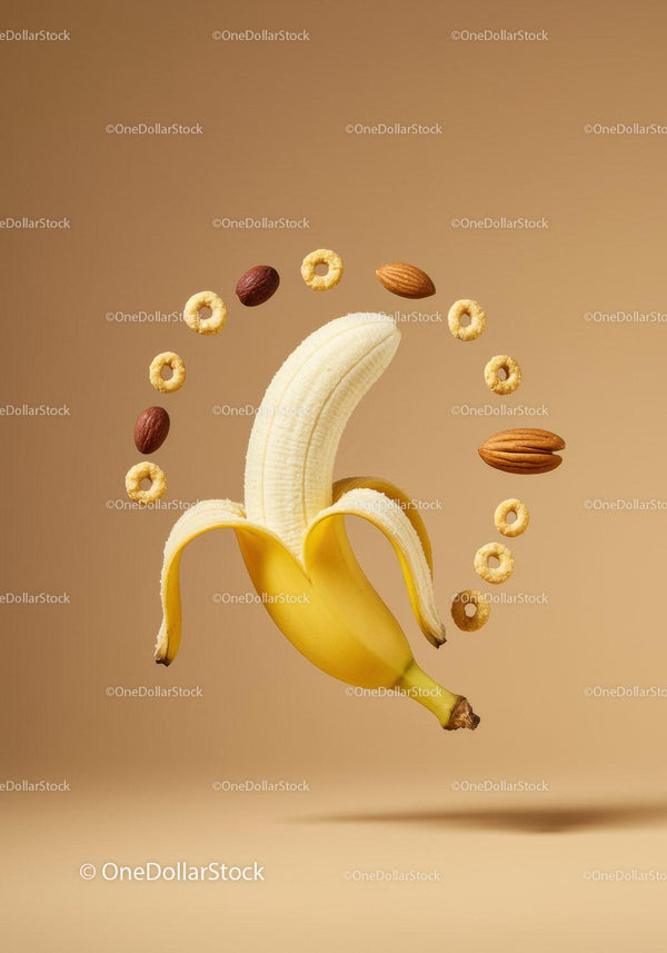 Peeled banana surrounded by nuts and cereal rings
