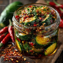 Vibrant Spicy Cucumber Kimchi in Glass Jar with Fresh Vegetables