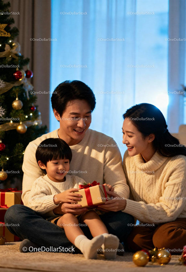 Happy family opening Christmas gift by decorated tree