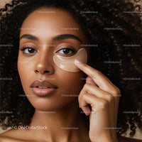 Beautiful Woman with Curly Hair Applying Under-Eye Patch for Skin Care