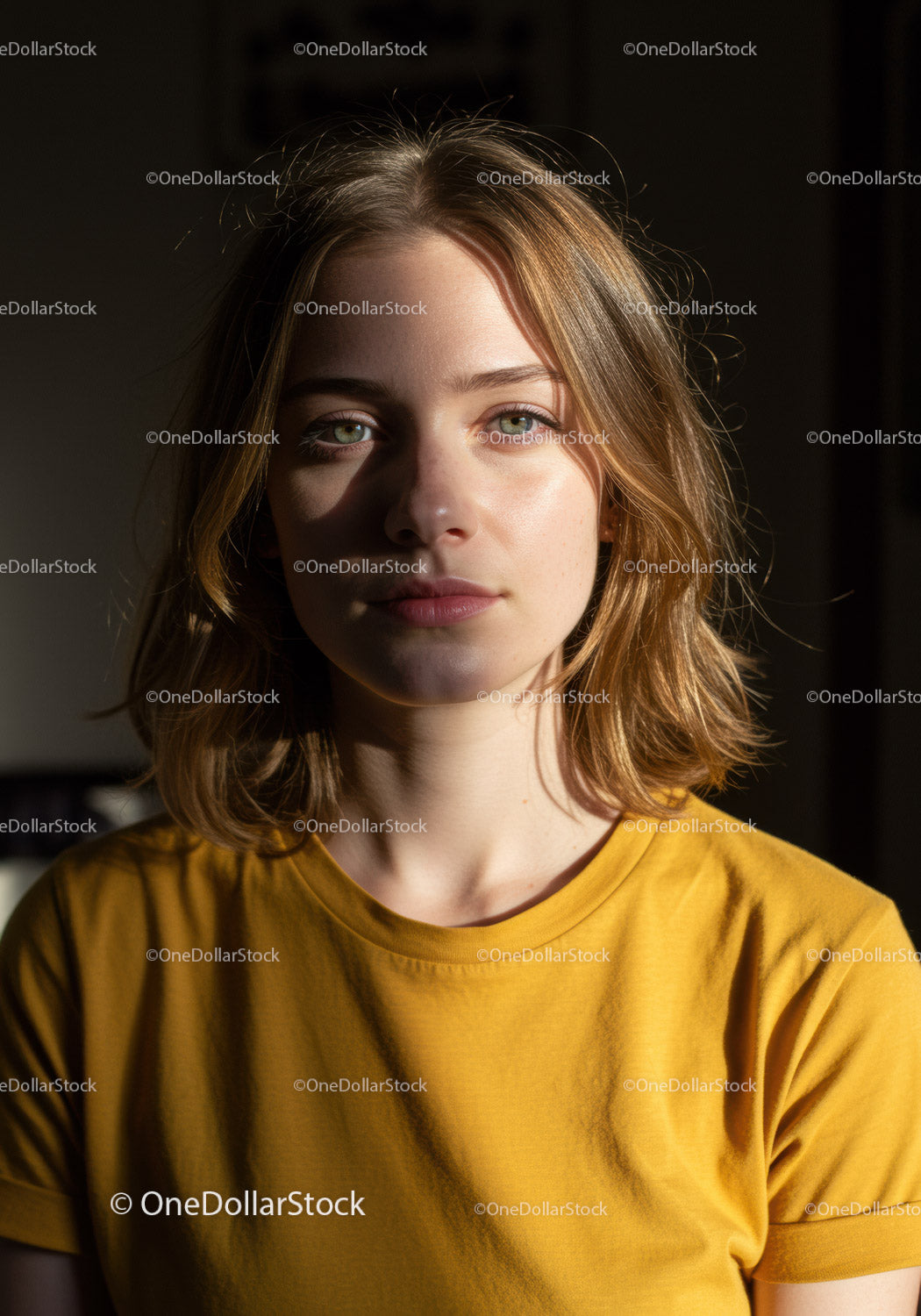 Portret młodej kobiety o blond włosach w luźnej żółtej koszulce