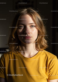 Portrait of a Young Woman with Blonde Hair in Casual Yellow T-Shirt