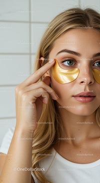Young Woman Applying Gold Under-Eye Patches for Skincare