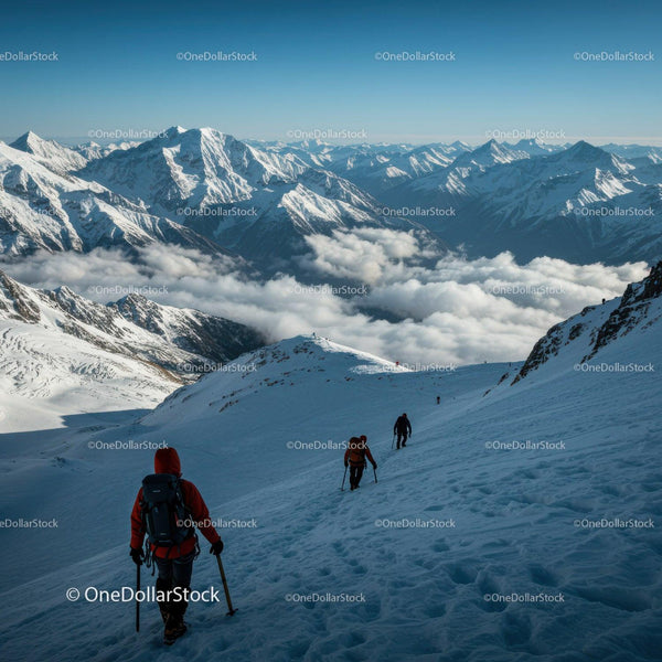 Majestic Snow-Covered Mountain Range with Hikers in Winter Landscape