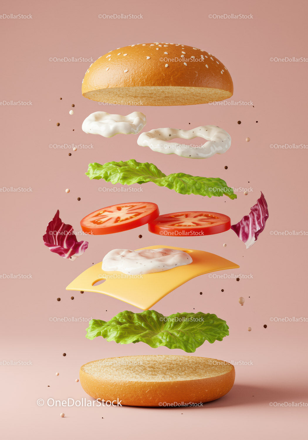Deconstructed fresh veggie burger floating on soft pink