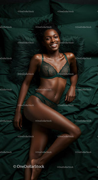 Happy woman relaxing on dark green bed linen