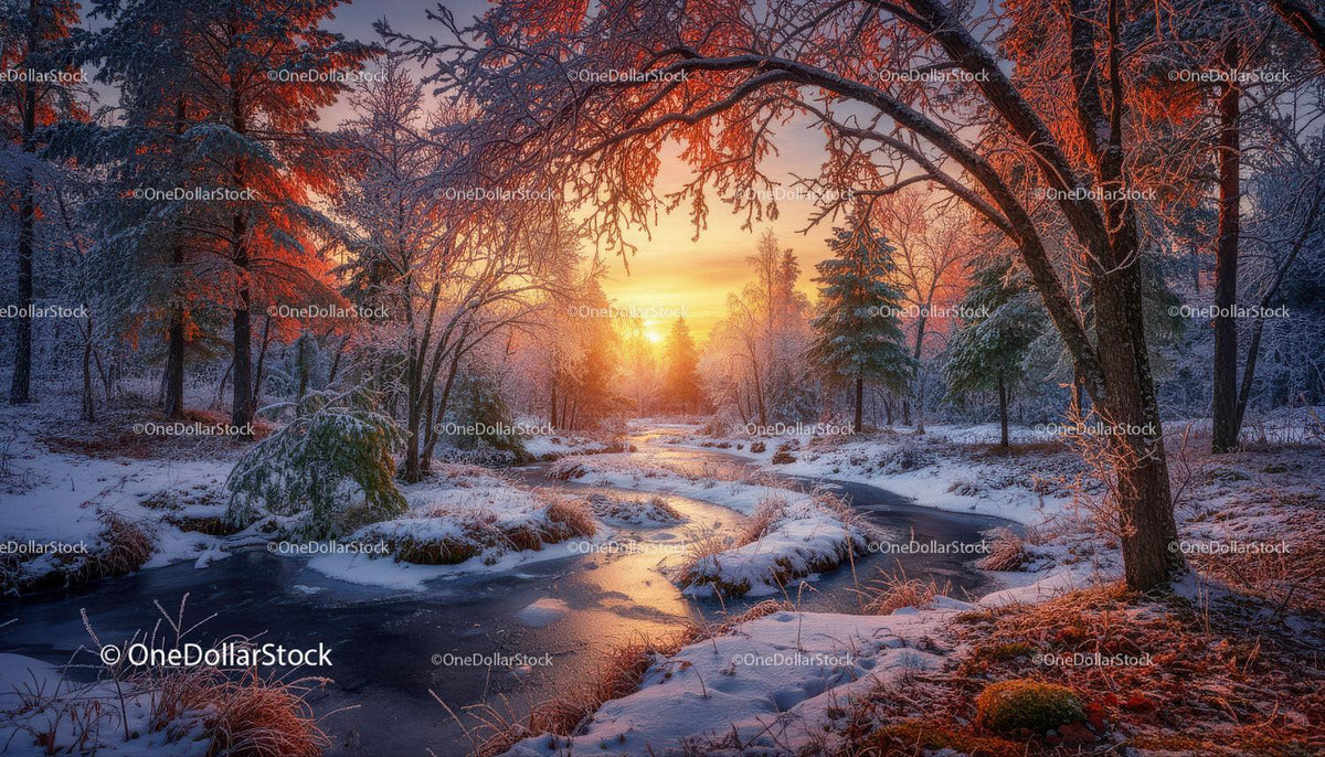 Sunset Over Serene Snow-Covered Winter Forest Stream