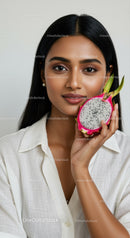 Elegant Woman with Exotic Dragon Fruit for Healthy Lifestyle and Beauty