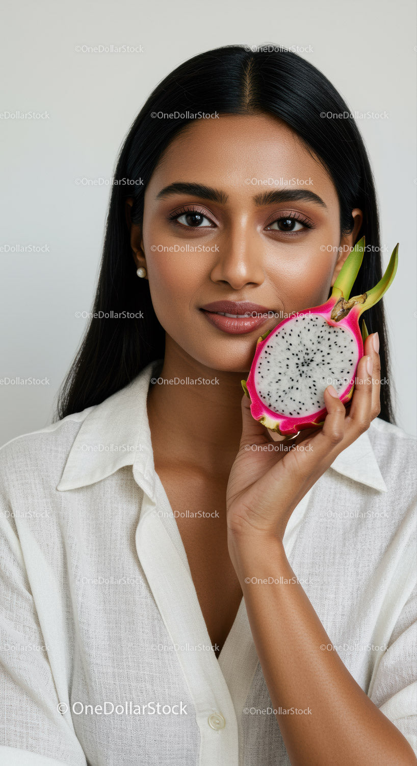 Elegant Woman with Exotic Dragon Fruit for Healthy Lifestyle and Beauty