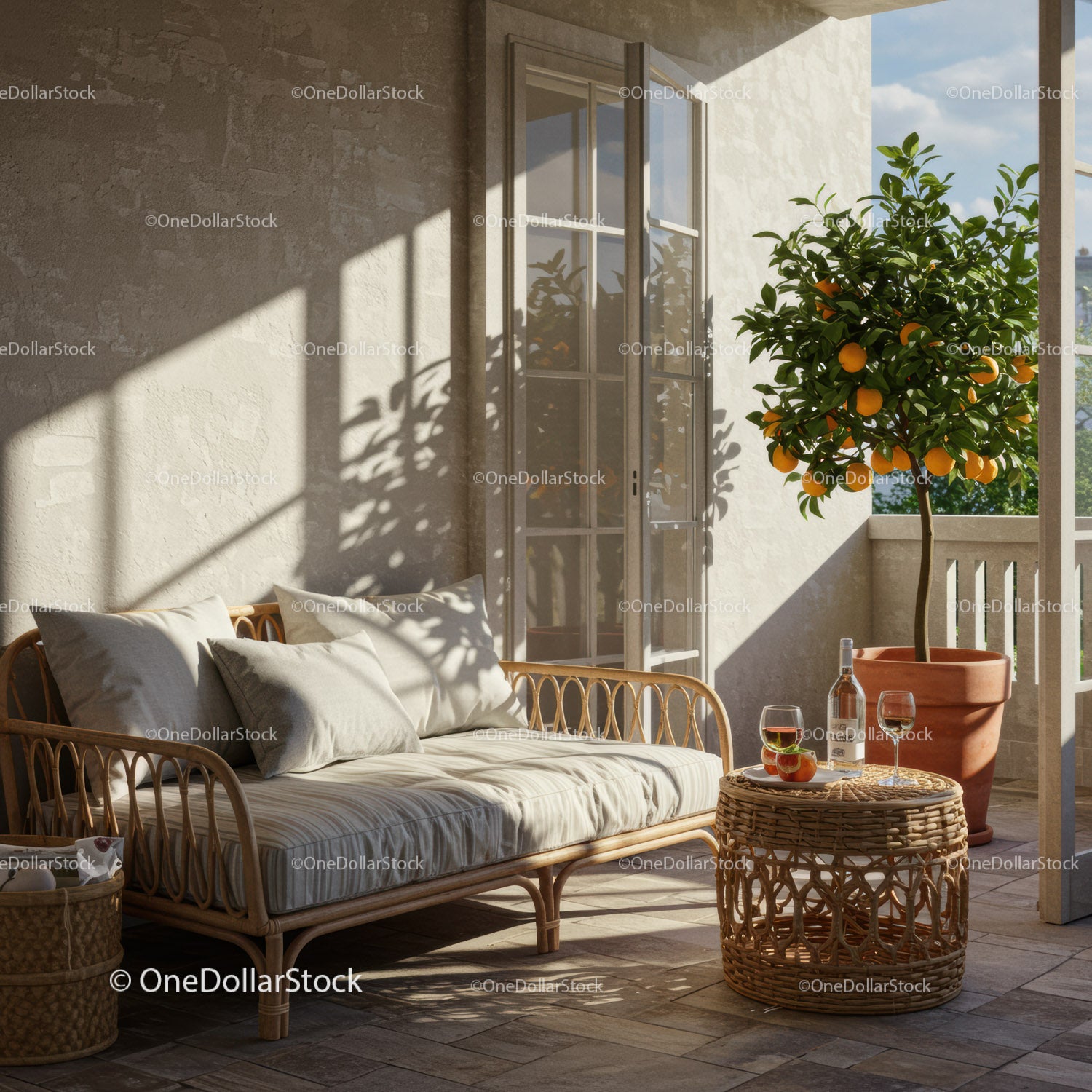 Cozy balcony with wicker sofa and orange tree in sunlight