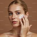 Young Woman Applying Cream on Cheek with Healthy Glowing Skin