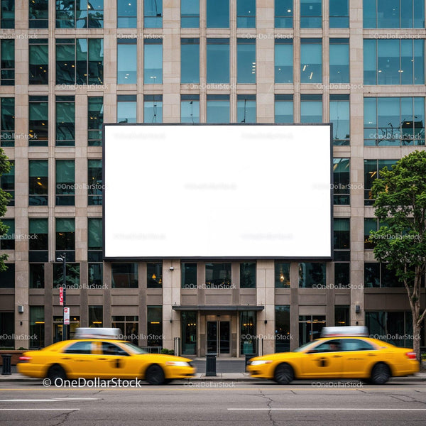 Busy city street with taxis passing blank billboard JPG Mockup Image