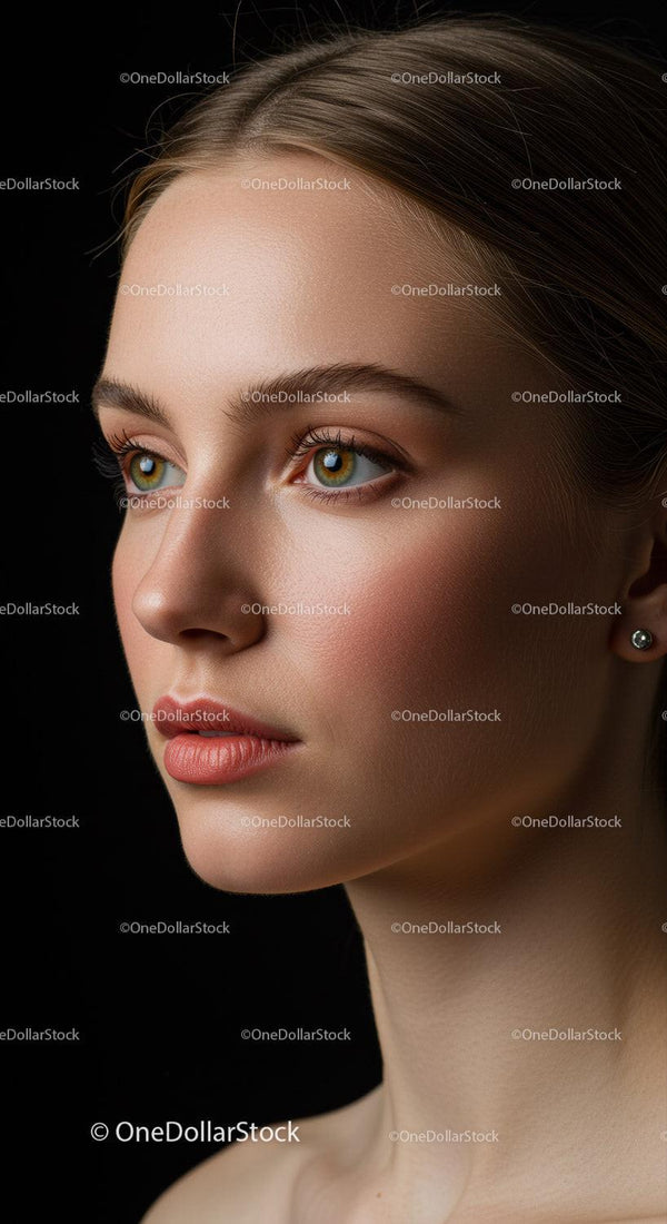 Elegant Close-up Portrait of a Young Woman with Flawless Skin and Green Eyes