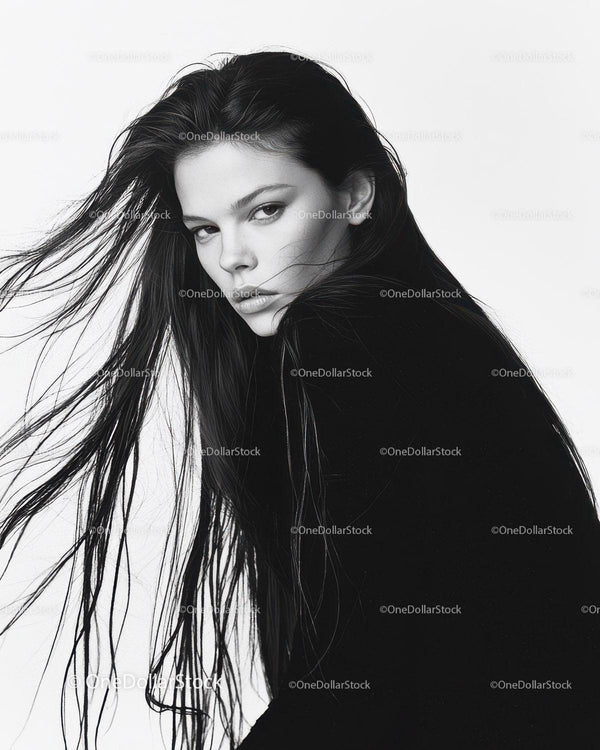 Elegant Black and White Portrait of a Woman with Flowing Hair