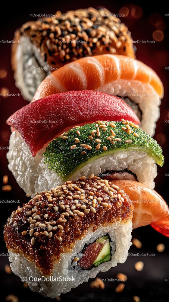 Colorful Assortment of Sushi Rolls Plated with Elegance