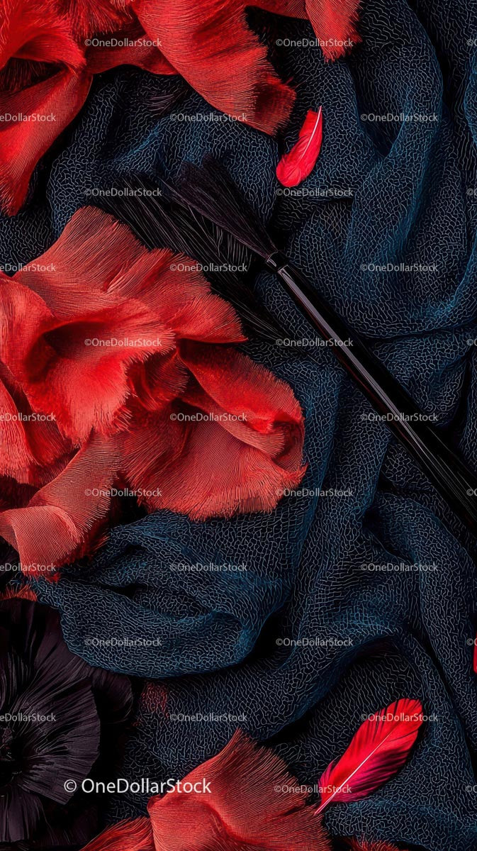 Elegant Feather Pen on Red Petals and Silk Fabric Scene