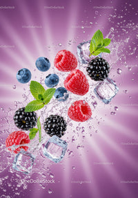 Fresh berries with ice cubes and mint splash on purple