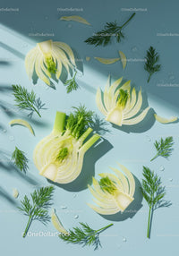 Fresh fennel bulbs and delicate dill on light surface