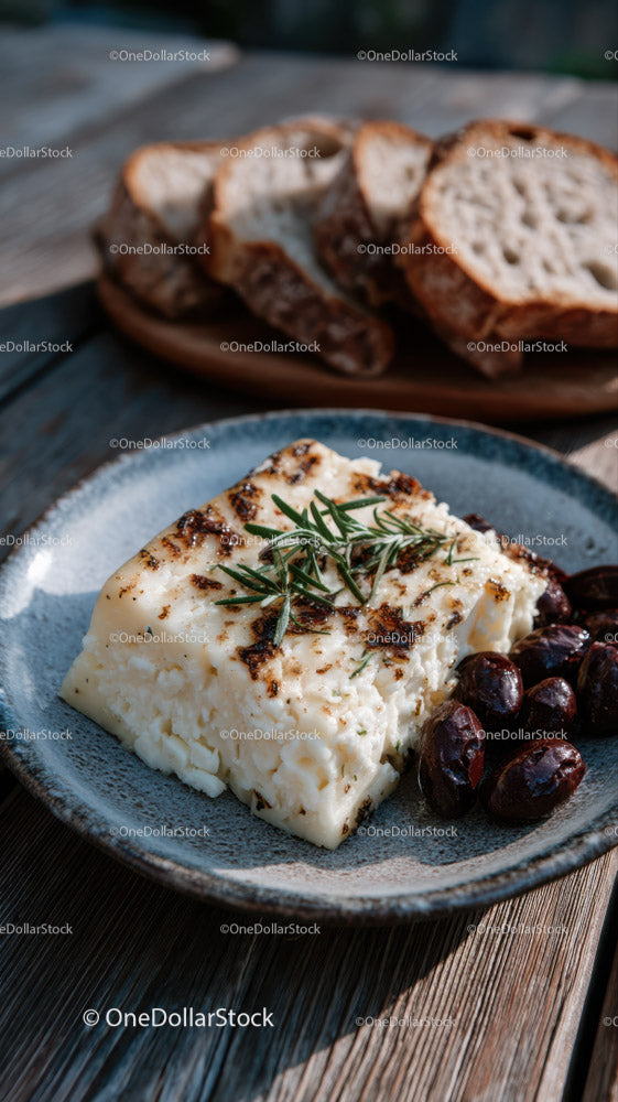 Blue Cheese and Rustic Bread on Decorative Plate in Food Setting