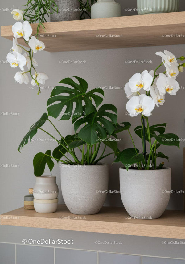 Modern Indoor Plant Arrangement Featuring White Orchids and Monstera Leaves