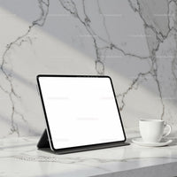 Modern tablet and coffee cup on marble countertop