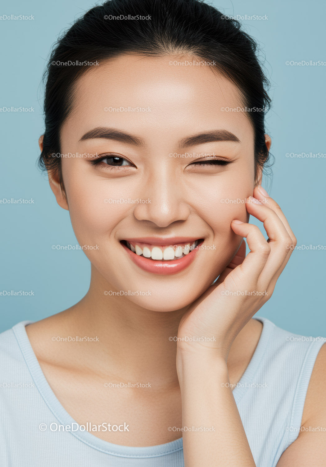 Close-Up Portrait of Smiling Asian Woman with Flawless Skin