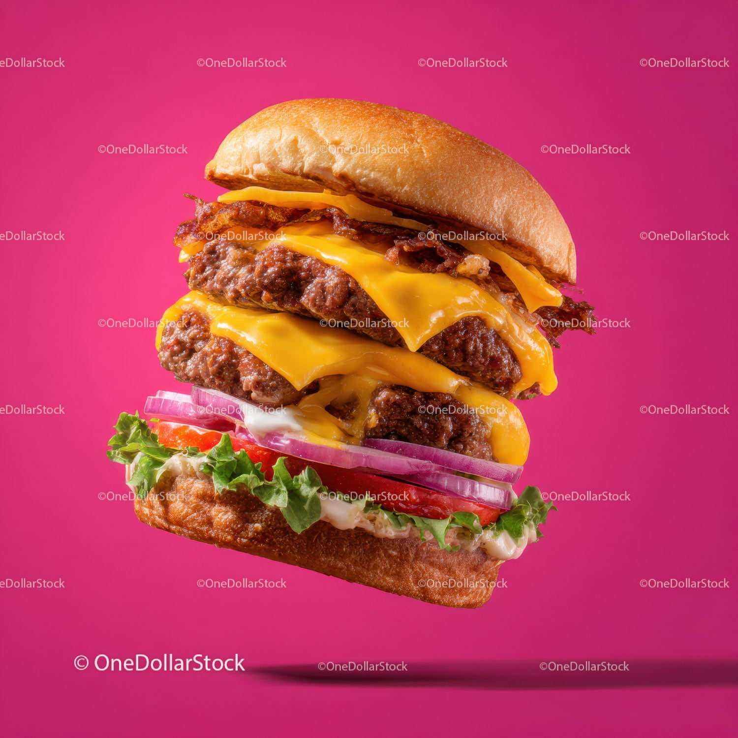 Juicy Double Cheeseburger with Bacon and Fresh Vegetables
