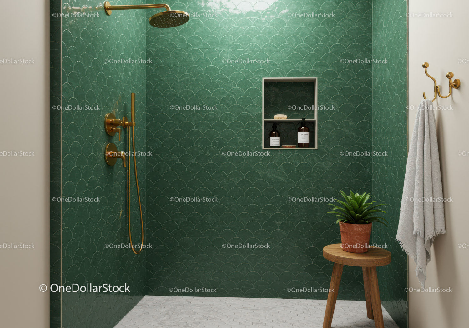 Modern Shower with Green Tiles and Brass Fixtures