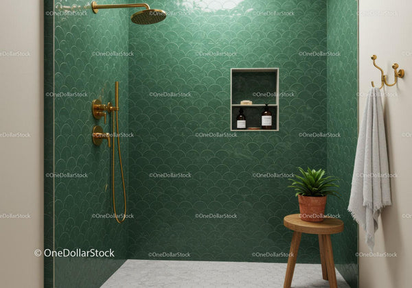 Modern Shower with Green Tiles and Brass Fixtures