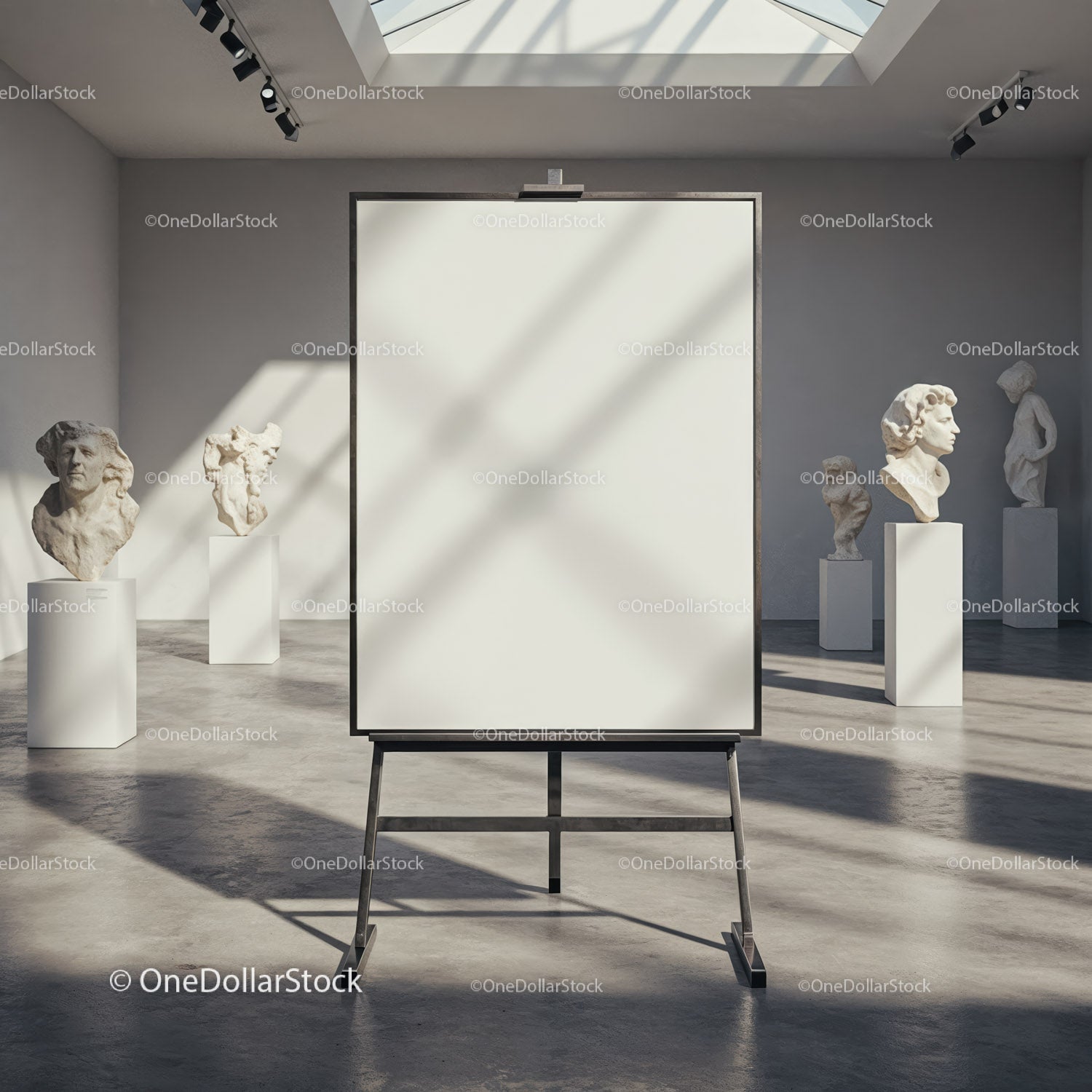 Blank easel in gallery with classical white sculptures
