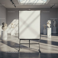 Blank easel in gallery with classical white sculptures